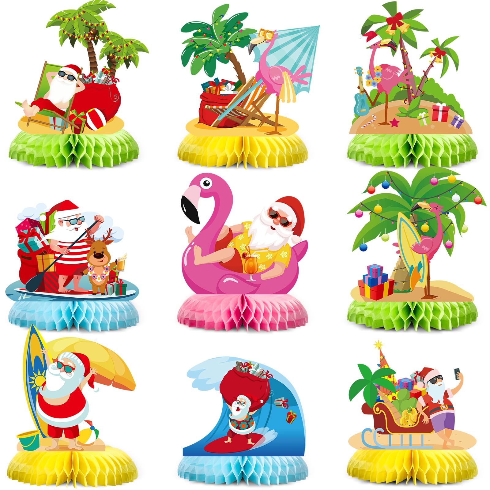 Kosiz 9 Pack Summer Christmas Table Centerpiece Set July Summer Honeycomb Centerpieces Decor Christmas Party Supplies Summer Beach Party Table Decorations for Xmas Holiday Party Supplies