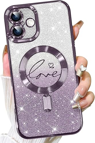 Vista 544 de Fiyart - Funda transparente magnética con purpurina para iPhone 12 para mujeres, con grabado "Love" metálico, protección para cámara y antigolpes