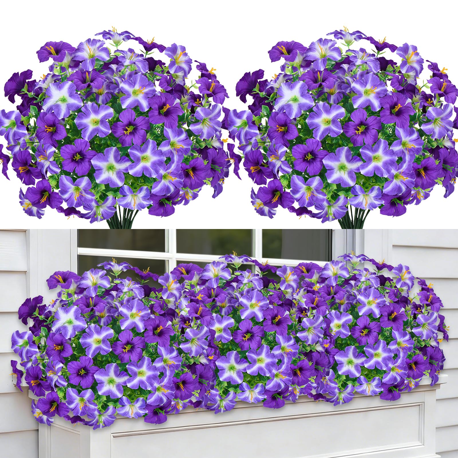 KUANINUNAR 12PCS Artificial Flowers Outdoor Fake Flowers Spring Summer Decor Artificial Morning Glory UV Resistant Silk Petunia Flower Faux Greenery Shrubs Plants for Porch Garden Window Decor