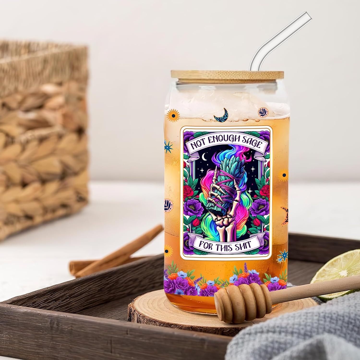 Tarot Card Skeleton 16 Oz Glass Cup with Lids and Straws Halloween Skull Iced Coffee Tumbler Not Enough Sage Drinking Glasses Christmas Birthday Funny Gifts for Women Men Friends Coworkers - Image 4