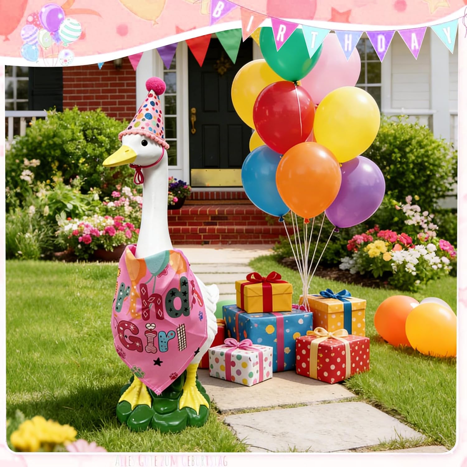 Big White Porch Goose Statue, Funny Outdoor Decorative Desktop Geese Figurine with Happy Birthday Party Duck Sculpture Costume Clothing for Garden Lawn Patio Entryway Accent,Yard Art Decoration