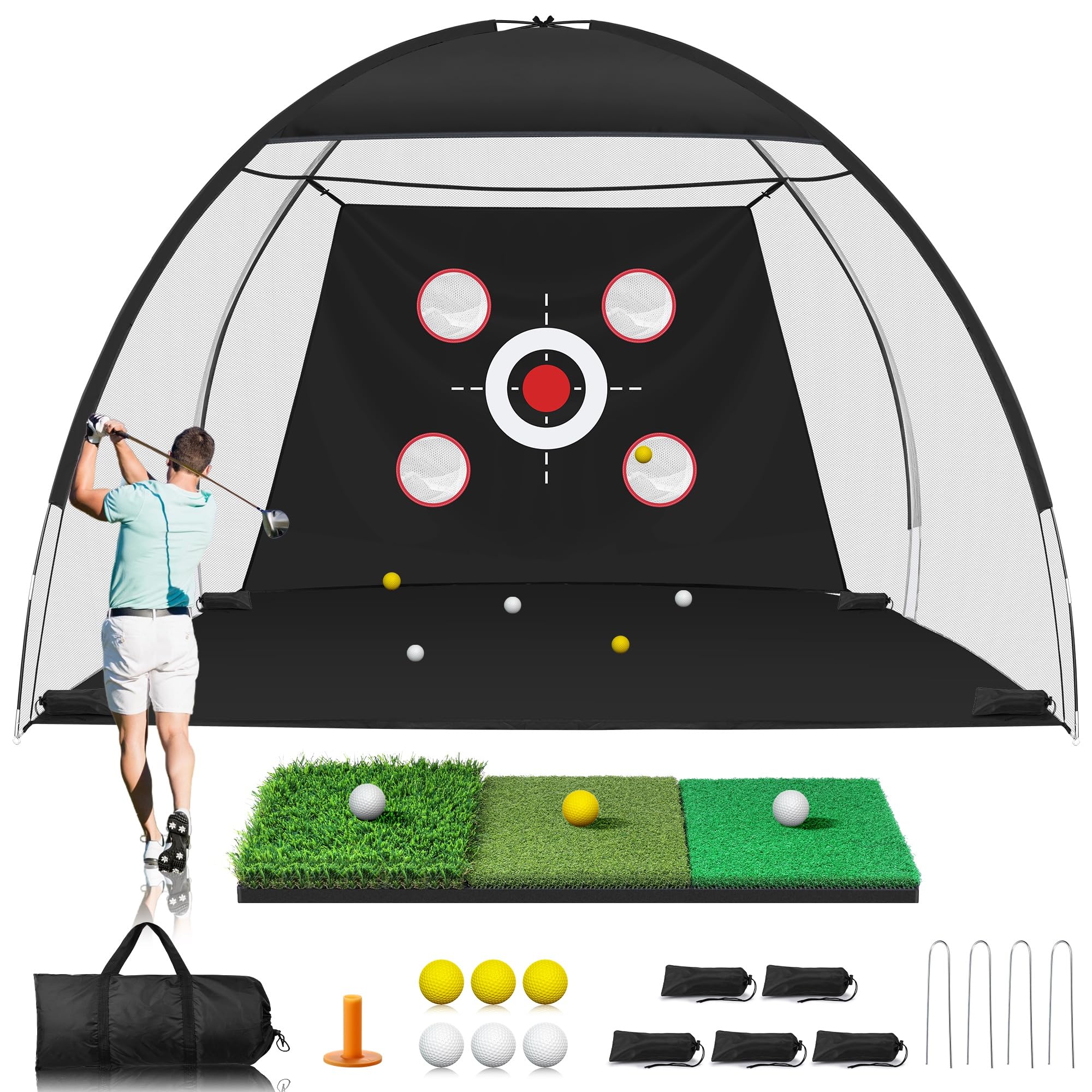 Golf Net with Practice Mat, All-in-One 10x7FT Golf Hitting Aid Nets for Backyard Driving Chipping Training Swing with Target/Tri-Turf Mats/Balls for Outdoor Indoor, Gifts for Men/Him/Dad/Golfer