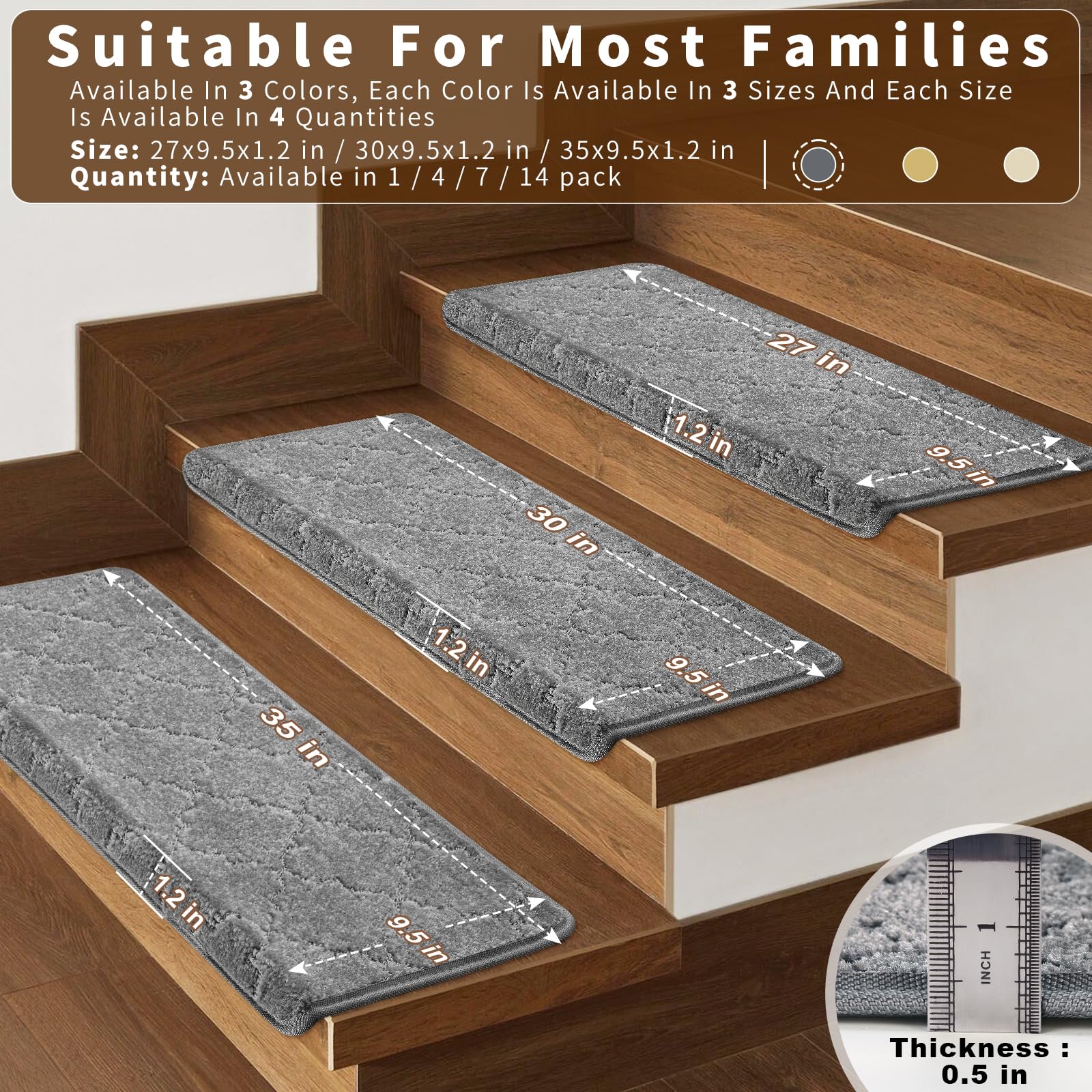 Tapis De Marche D'escalier Antidérapant En Laine Bullnose Pour Escaliers, Tapis D'escalier D'intérieur, Autocollant Et Facile à Installer, Adapté Aux