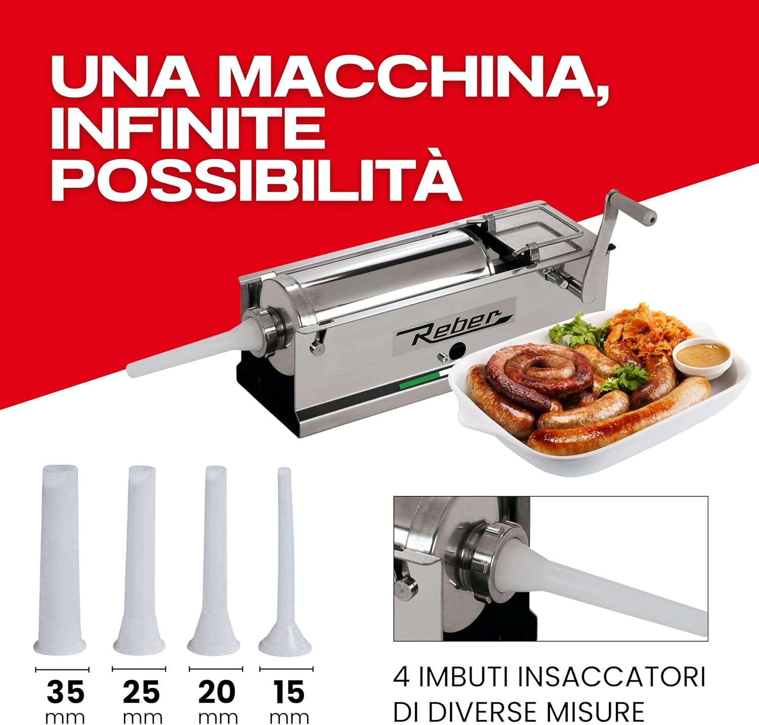 Reber Manual Sausage Stuffer 5L/11 LBS – Horizontal Sausage Maker with 2-Speed System for Home & Commercial Use – Heavy-Duty Stainless Steel Construction – 4 Stuffing Tubes Included – Made in Italy