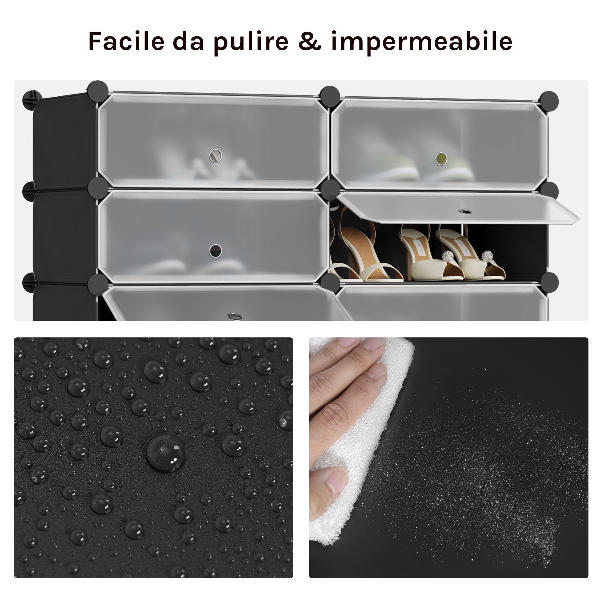 WOLTU Scarpiera, 2x8 Livelli per 32 Paia di Scarpe, Armadietto ad Incastro con Ante, Scaffale Portascarpe per Giochi, Pannelli in PP, con Mazzetta in Plastica, Nero+Bianco