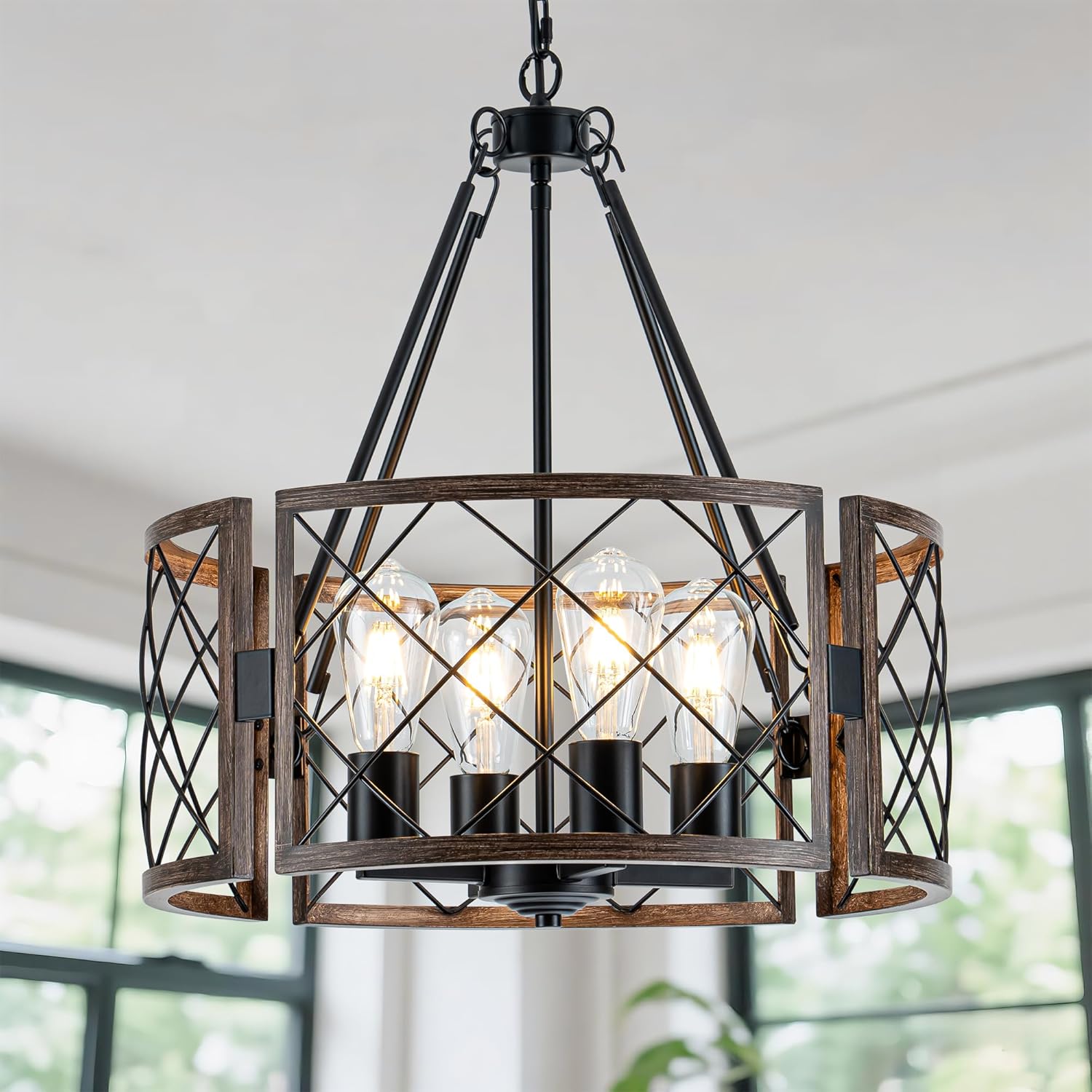 D19" Modern Farmhouse Chandelier 4-Light Adjustable Pendant Light for Dining Room Light Fixture, Rustic Drum Hanging Chandeliers for Dining Room Kitchen Island Entryway Foyer Bedroom Living Room