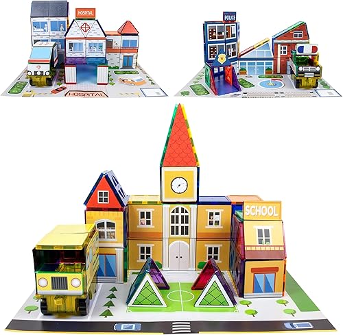 PicassoTiles Juego de 36 azulejos magnéticos + estación de policía de hospital escolar, kit de imanes de ventana redonda de un cuarto de juego,