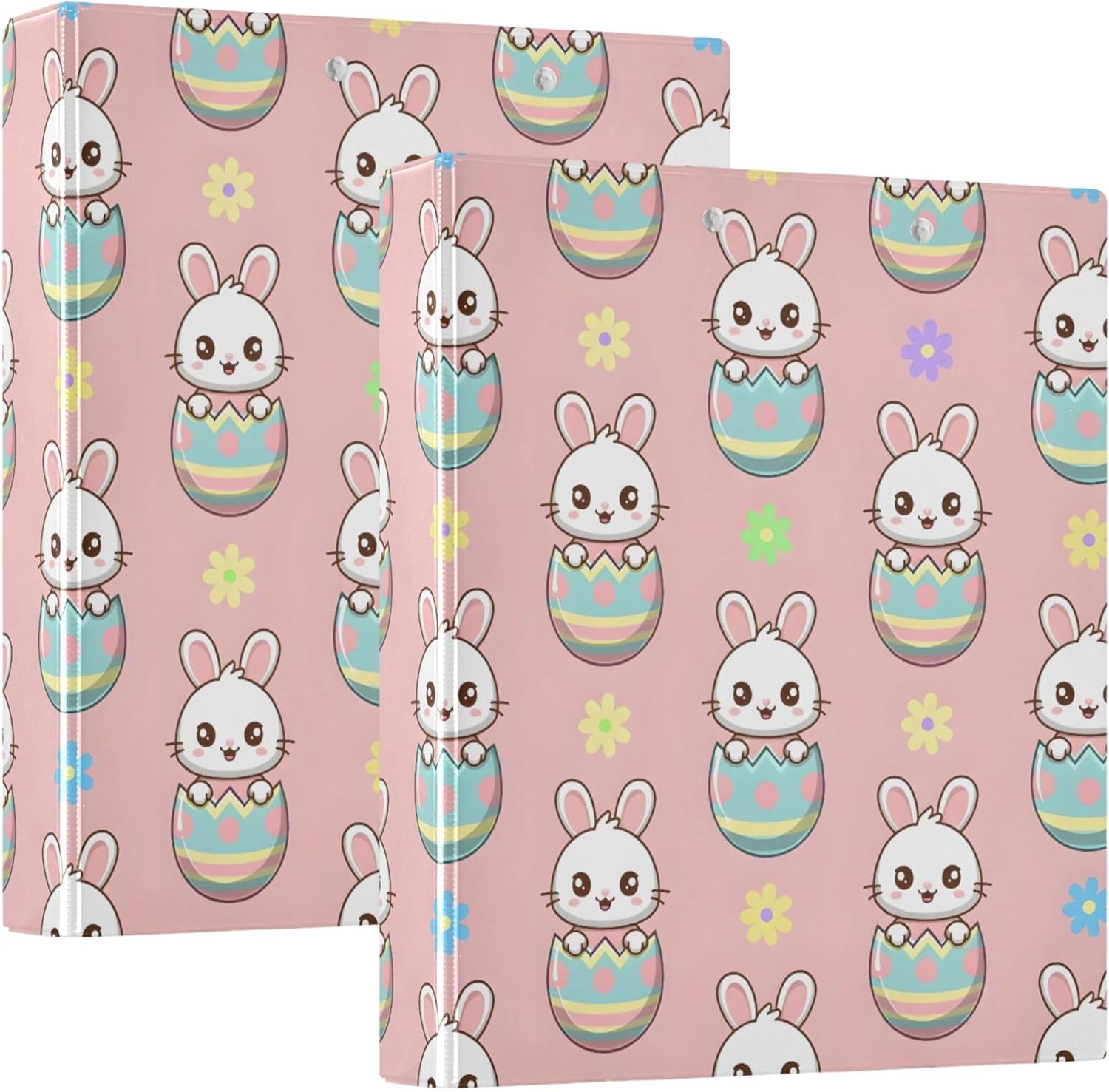 Cartoon Easter Bunny Eggs 3 Ring Binders, 1.5” Round Ring Binders with Clipboard - Letter Size, 3 Interior PVC Clear Pockets & Anti-Slip Clip for Office School Supplies, 2PCS
