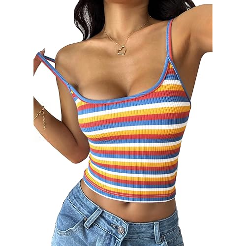 PRETTYGARDEN Women Summer Crop Tops Sleeveless Spaghetti Strap Tank Striped Cami Knit Y2K Clothes Slim Fit Spring Shirts