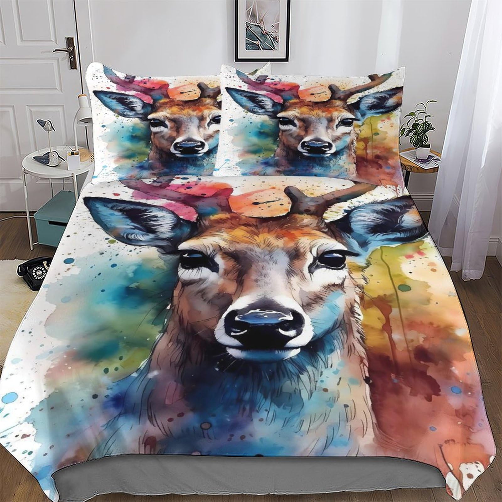 Housse de couette cerf 220x240 cm parure de lit 3 pièces en microfibres