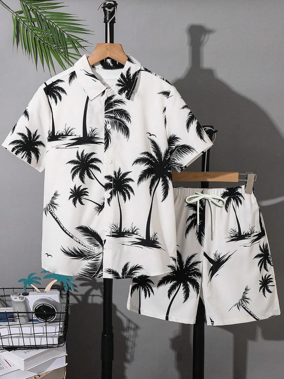 7-14 Y Boys' Button Down Shirt Hawaiian Outfit 2 Piece Vacation Beach Clothes with Shorts Set