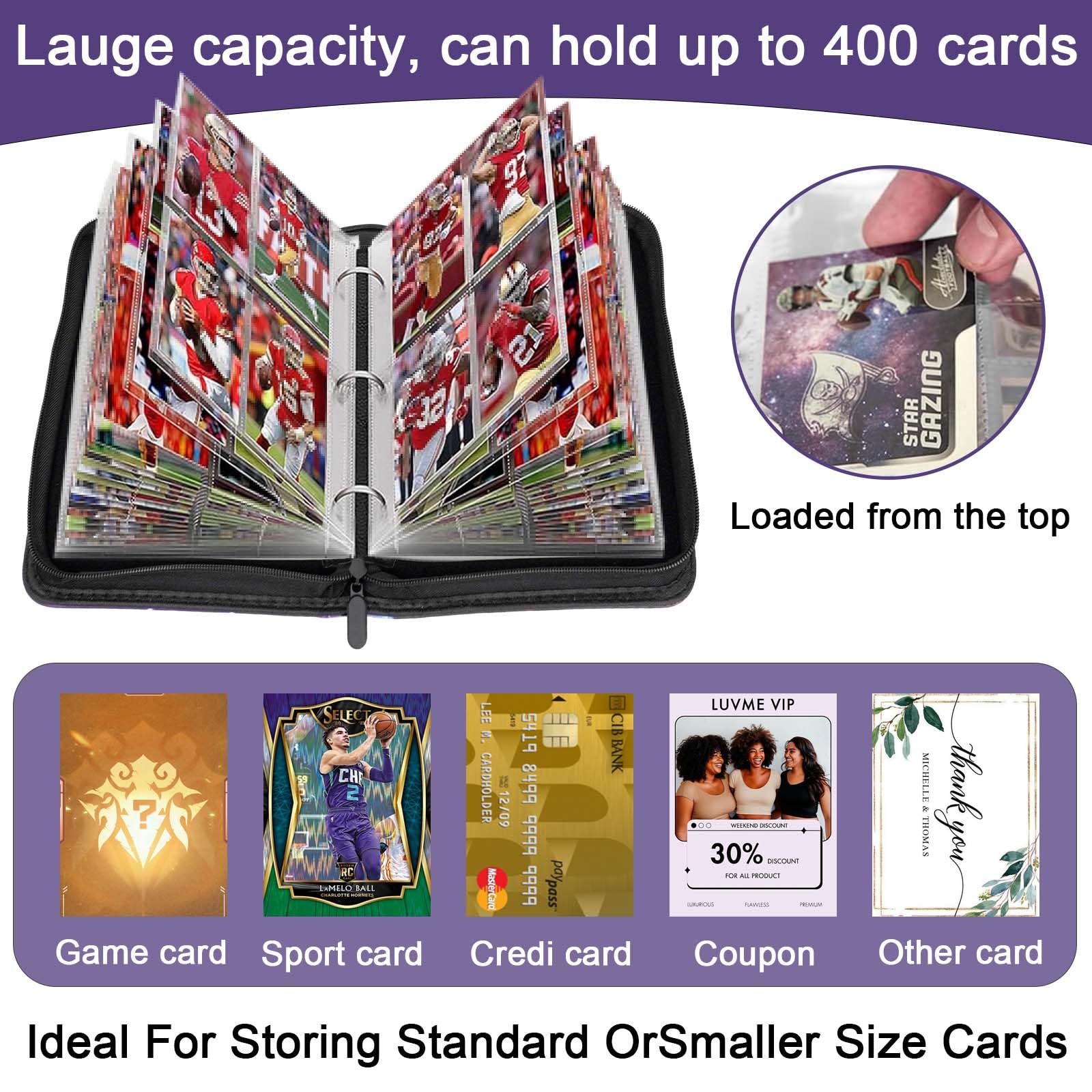 Álbum Para Tarjetas Coleccionables Con Cremallera | 50 Páginas Y 400 Bolsillos | Carpeta Impermeable Y Portátil Para Fútbol, TCG Y Deportes | Regalo Para Coleccionistas