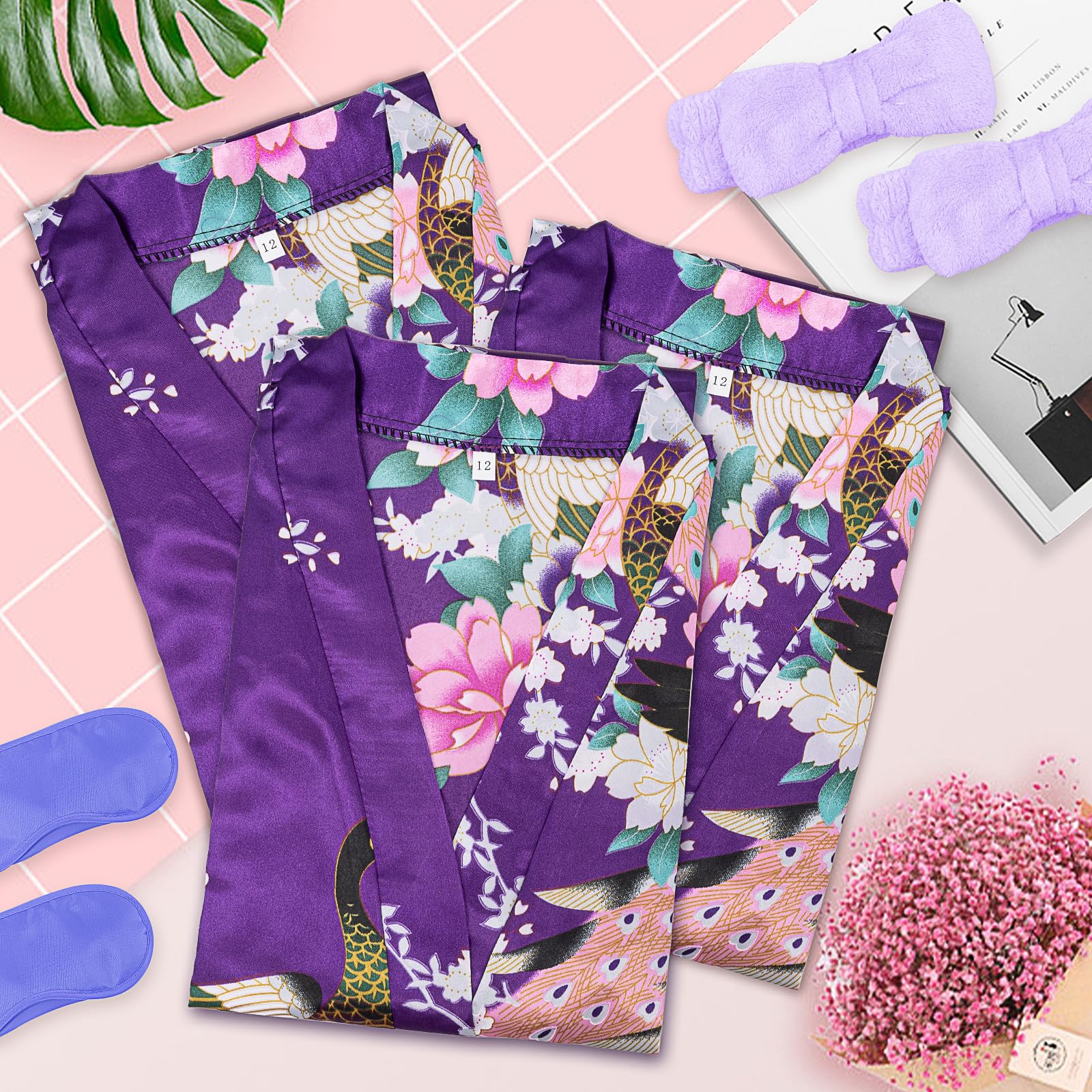Peignoir, ensemble de fête spa pour filles – Comprend 6 peignoirs, 6 masques pour les yeux, 6 bandeaux, 6 sacs fourre-tout (style violet, taille étiquette 12), violet, 150