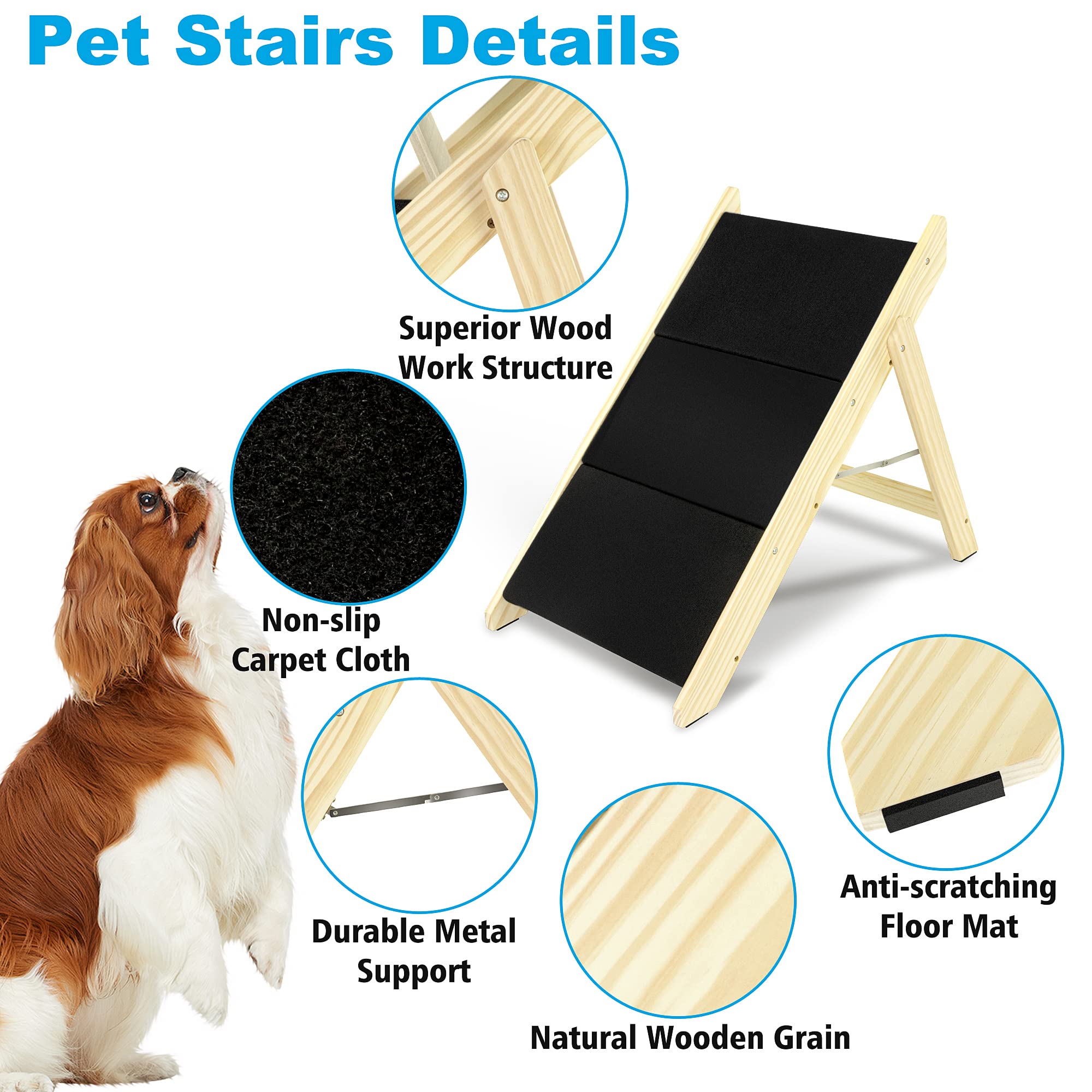 LHUKSGF Wood Pet Stairs/Pet Steps, 2-in-1 Foldable 3 Tiers Dog Stairs & Ramp, Portable Dog/Cat Ladder for Sofa, Beds and Cars Up to 150 Pounds