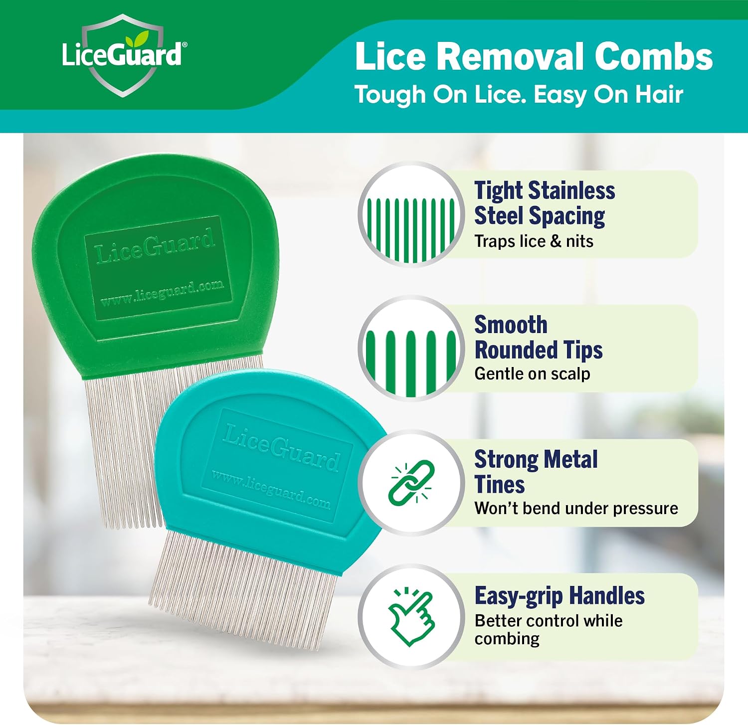 LiceGuard Lice Comb Kit, 2 x Stainless Steel Nit Combs & 1 x Magnifying Pick, Removes Lice, Nits & Eggs Fast, Suitable for Kids & Adults, All Hair Types