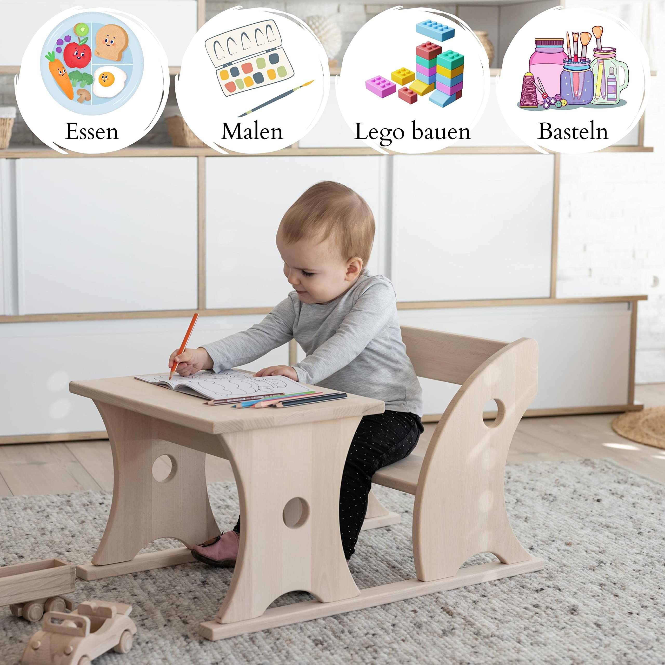 JOWE Pikler Essbänkchen | Kindertisch aus Holz Made in Austria | Pikler Sitzbänkchen aus Buche | Kindertisch mit Bank (Buche naturbelassen)