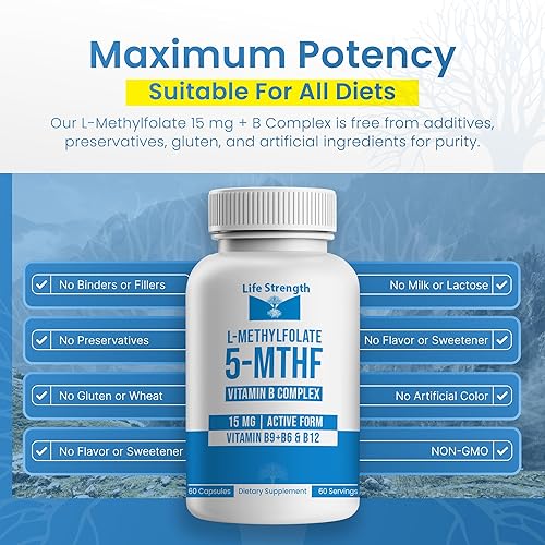 Miniatura 5 de L-metilfolato de 15 mg + complejo de vitamina B - 5-MTHF, B6 y B12 metilcobalamina - 60 cápsulas - Folato de metilo activo de fuerza profesional -