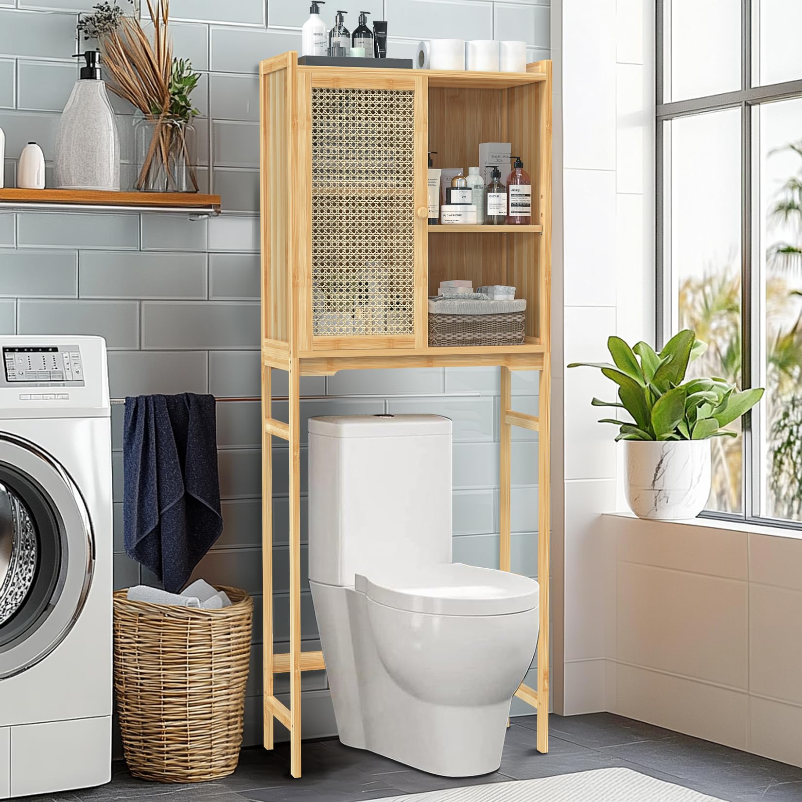 unho Meuble de Rangement au-Dessus des Toilettes: Organisateur en Bambou à Portes Rotin Placard Toilette WC avec Étagère Réglable Intérieure - 60x26x156cm
