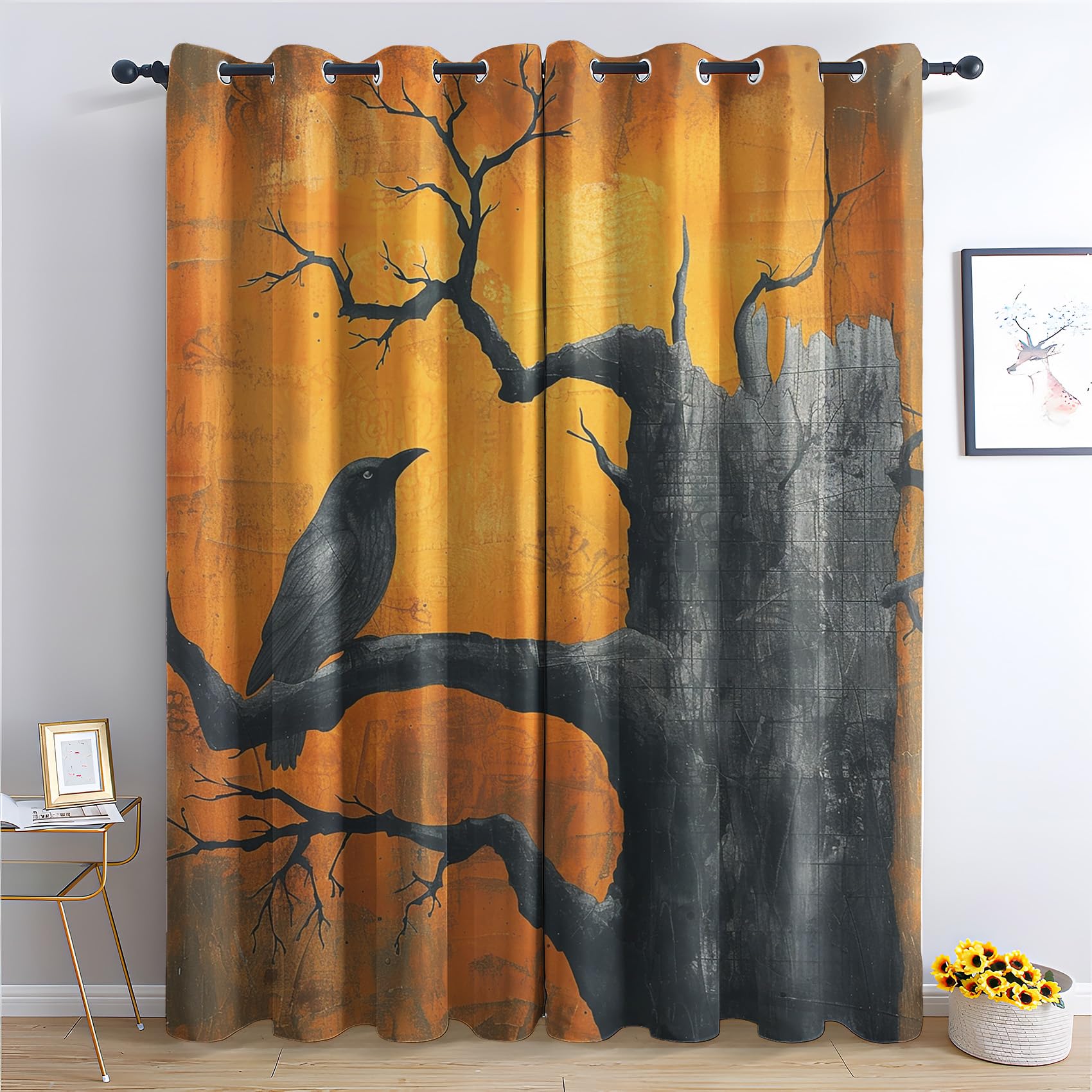 Gothic Curtains for Bedroom Living Room - Goth Crow Branch Blackout Curtains 90x108 Inch (Width x Drop), Thermal Insulated Eyelet Curtains & Drapes, Decorative Patterned Window Treatments B-#293