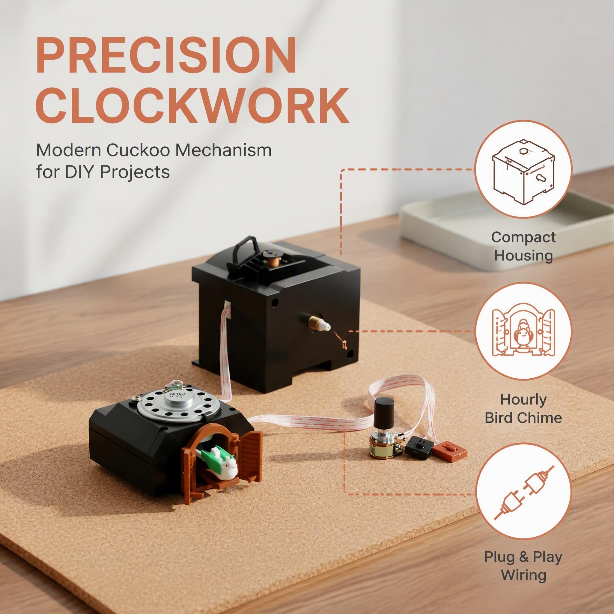 Kit de remplacement pour horloge murale à coucou avec connecteur coordonné et fonction carillon fiable, convient pour les salons, chambres, lieux de travail