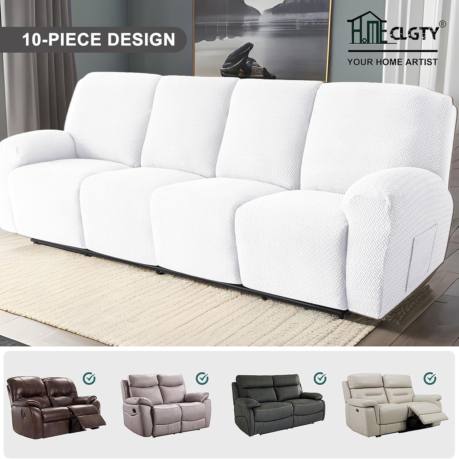 Recliner Chair Covers Stretch Spandex Fabric, 10-Piece Reclining Sofa slipcover with Pocket Armchair Covers for Kids Pets-White-4 Seat