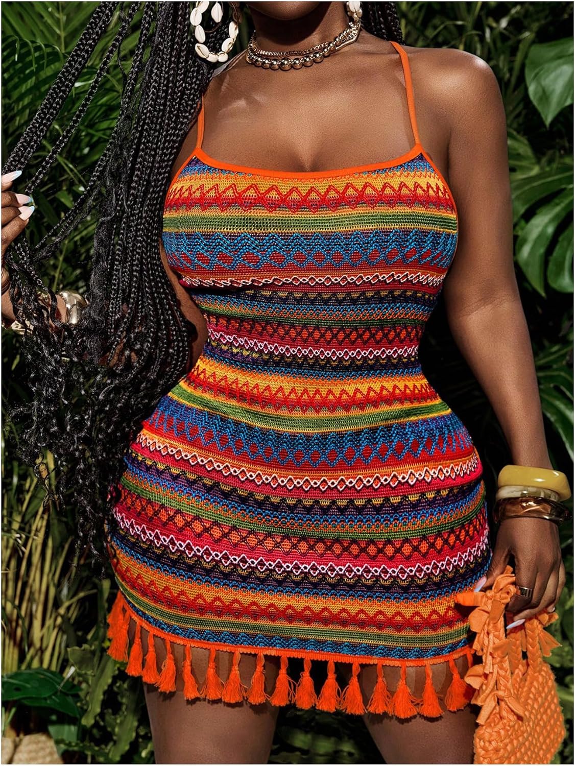 SweatyRocks Women's Plus Size Boho Striped Spaghetti Strap Mini Dress Rainbow Backless Tassel Knitted Dresses - Image 4