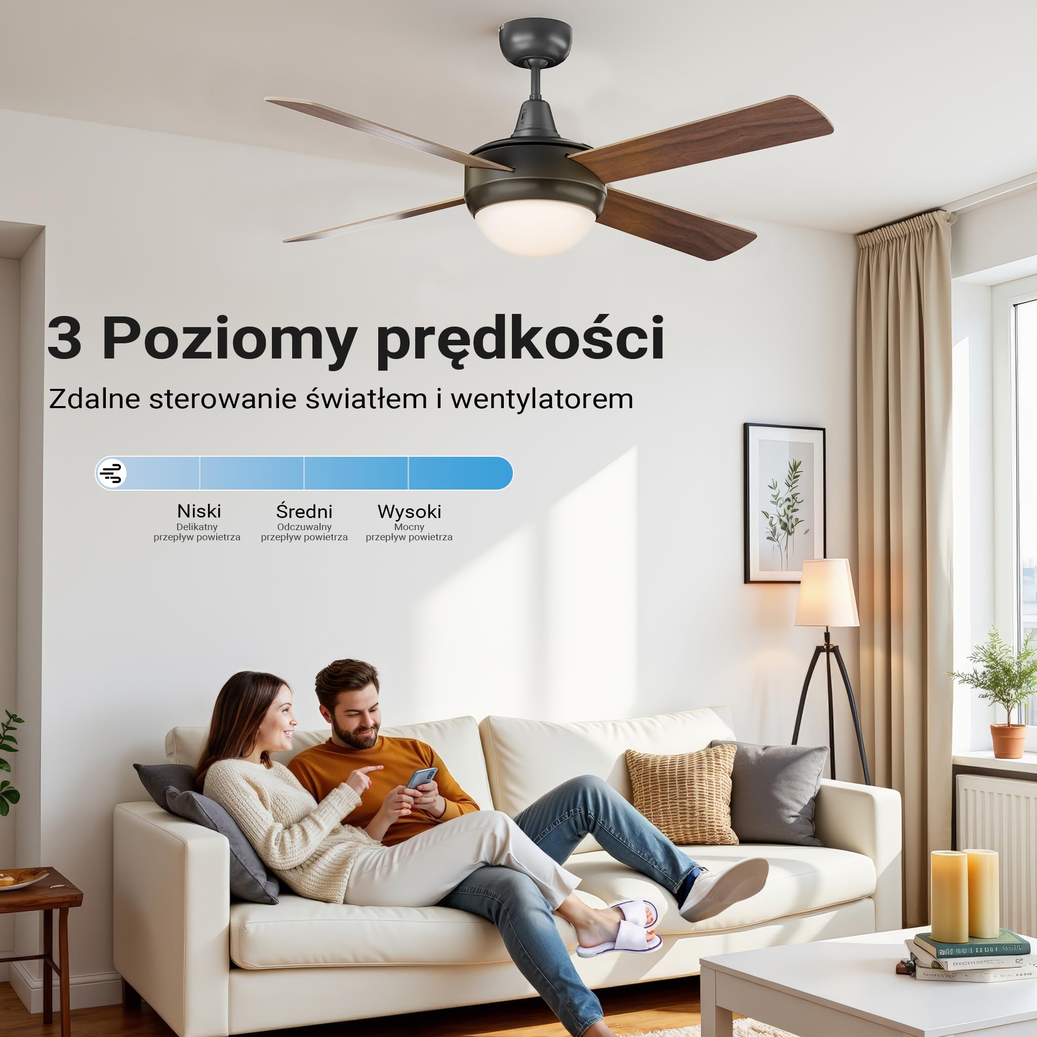 Wiltec Wentylator sufitowy Ø 122 cm z lampą, 4 łopatkami i 3 prędkościami, wiatrak z pilotem, timerem na 1/2/4 godziny, trybem letnim i zimowym
