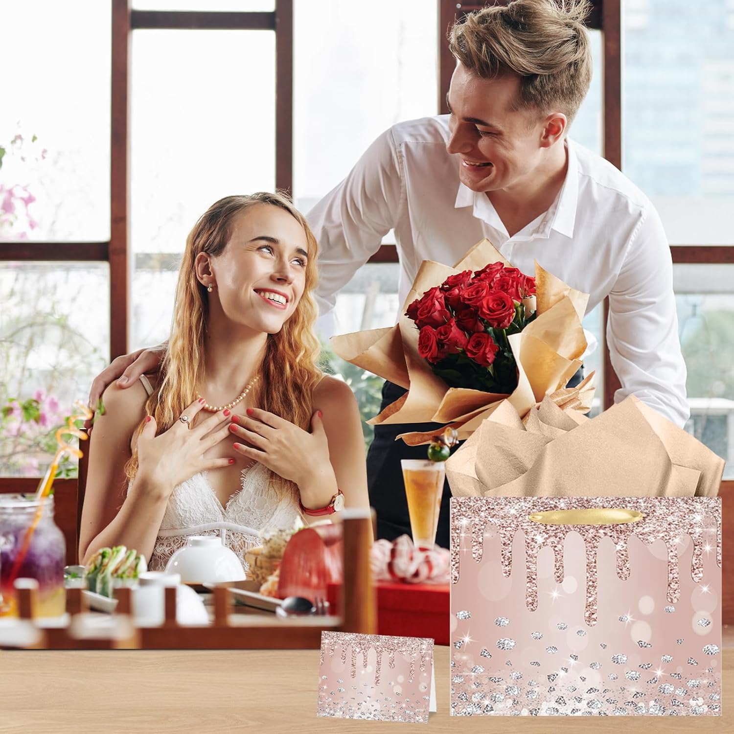 Rose Gold Gift Bags with Tissue Paper and Greeting Card Large Pink Rose Gold Birthday Bag for Girls Women Glitter Gift Wrapping Paper Bag with Handles for Birthday Wedding Bridal Showers Party Gift - Image 4