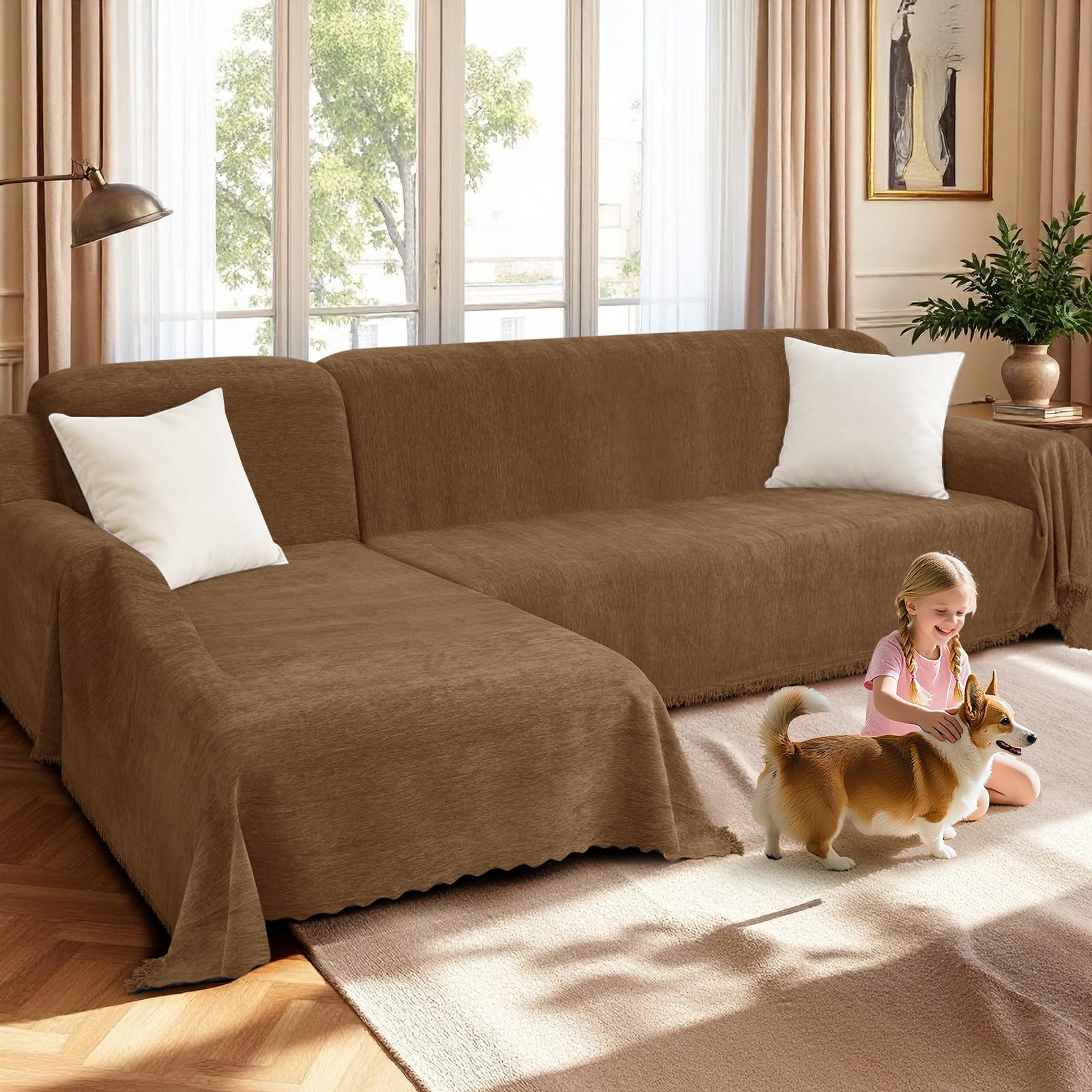HDCAXKJ Chenille Couch Covers for Sectional Sofa L Shape Sofa Cover Blanket with Tassel 2-Piece L Shaped Sectional Slipcovers with Chaise Washable Pet Dog Furniture Protector (Light Brown, XX-Large)