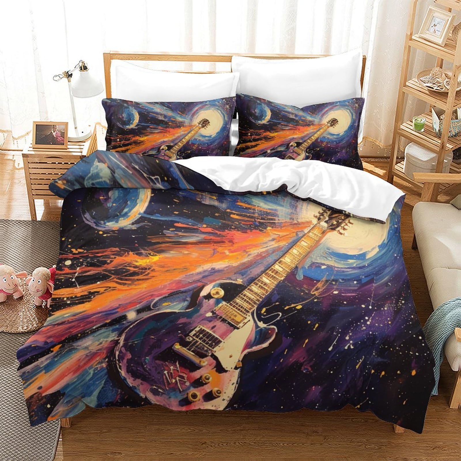 Parure de lit guitare 3D anti-plis en microfibre douce 260x220 cm avec taies d'oreiller