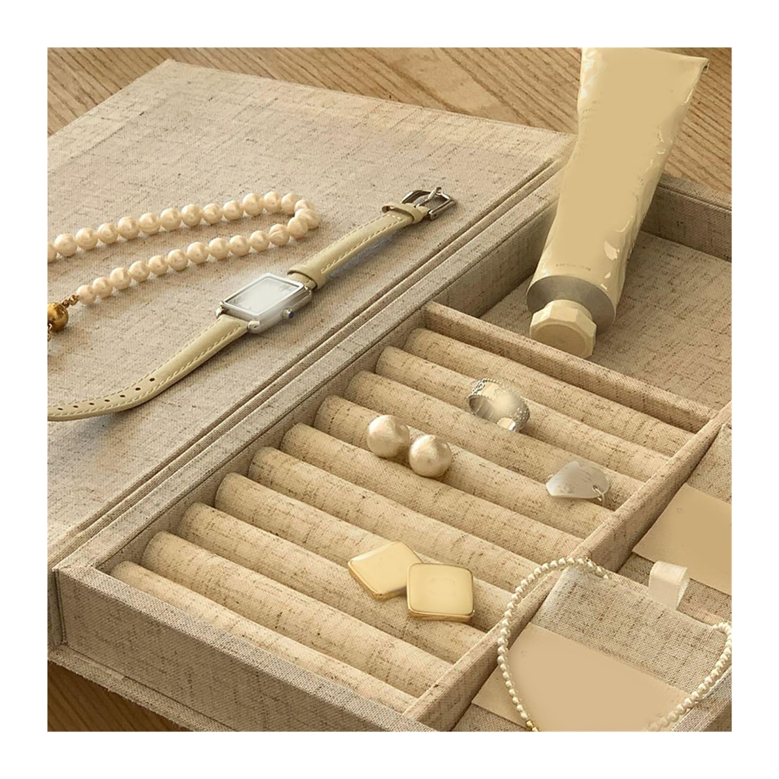 QINGGANG-0224 jewelry organizer Linen Jewelry Organizer Box with Compartments for dressing table