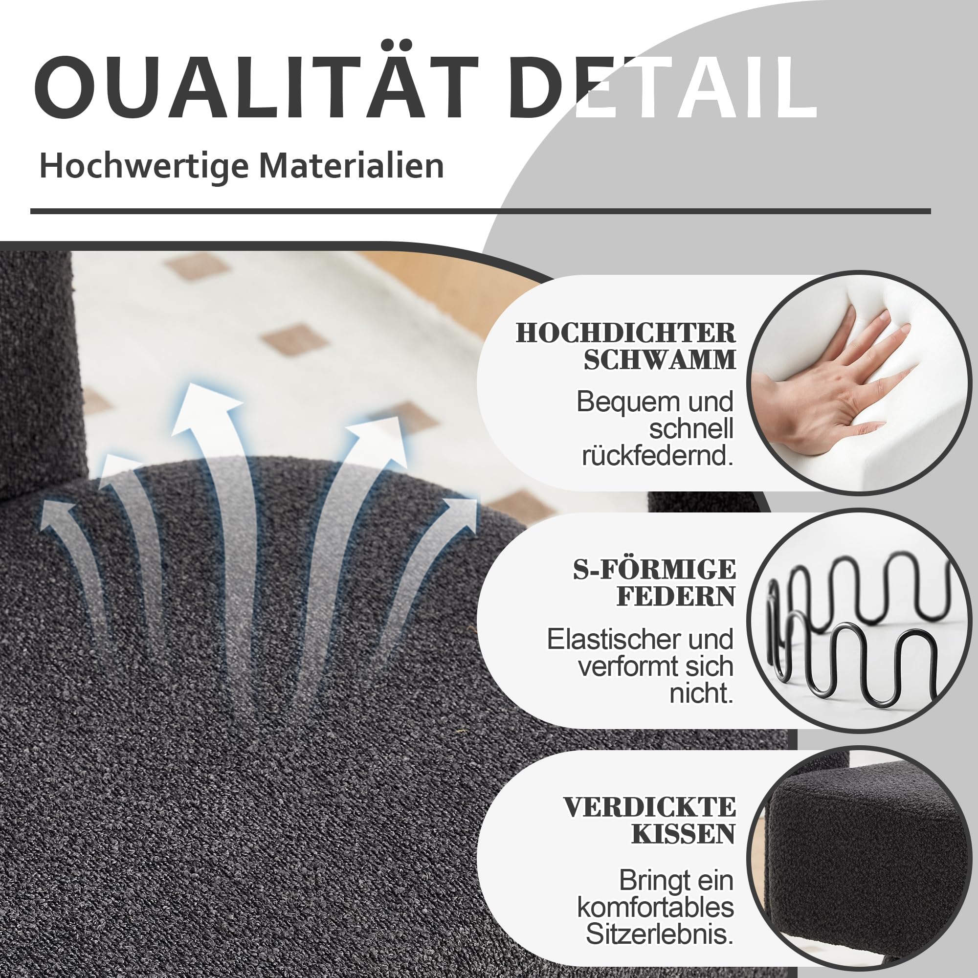 360 Grad Drehbare Kuschelfass-Akzentstühle, runde Sessel mit breiter Polsterung, Flauschiger Stoffsessel für Wohnzimmer, Schlafzimmer, Büro, Warteräume, Dunkelgrau
