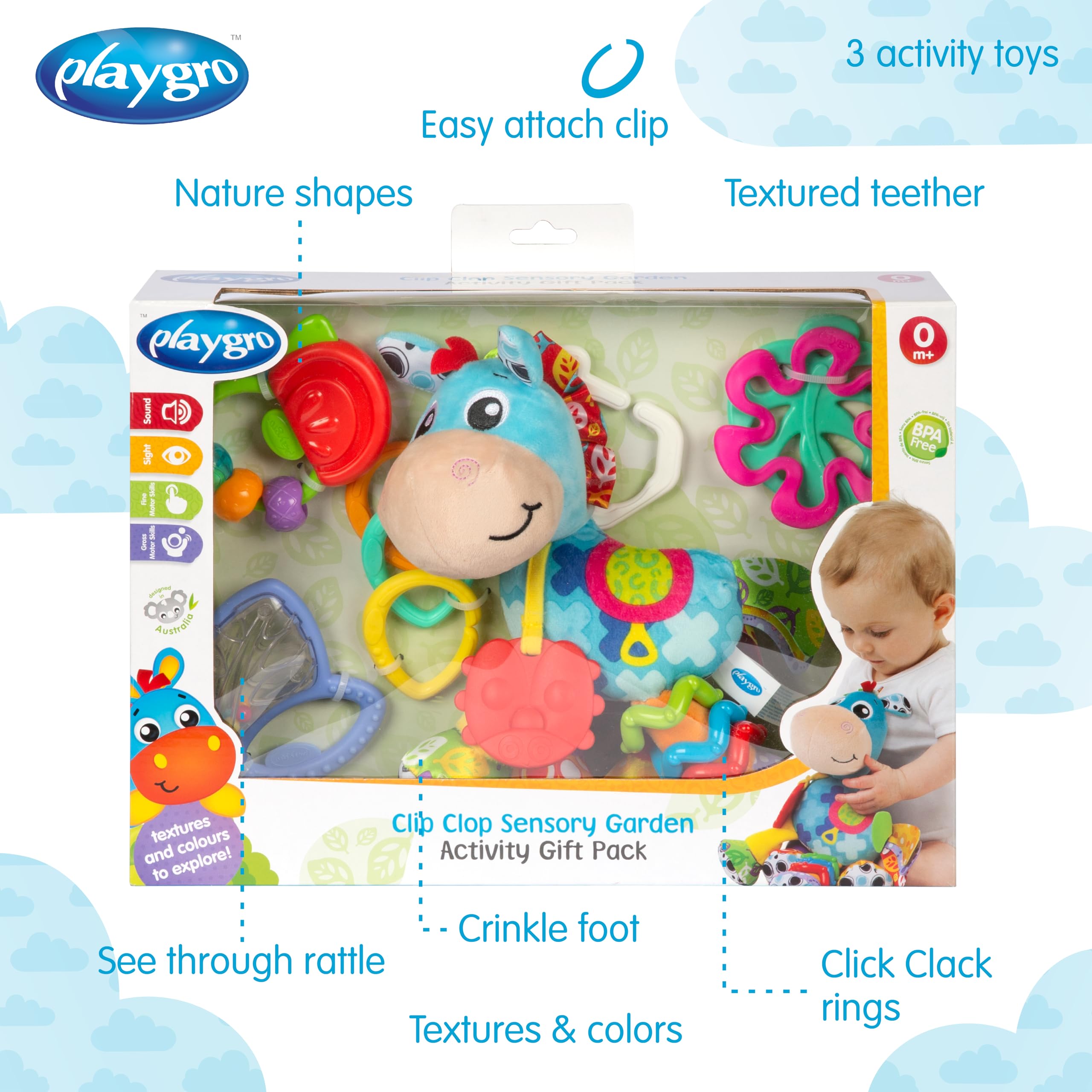 Playgro Clip Clop Sensory Garden Activity Gift Pack, Versatile Crib and Stroller Toys for Infants 0+ Months - Image 2
