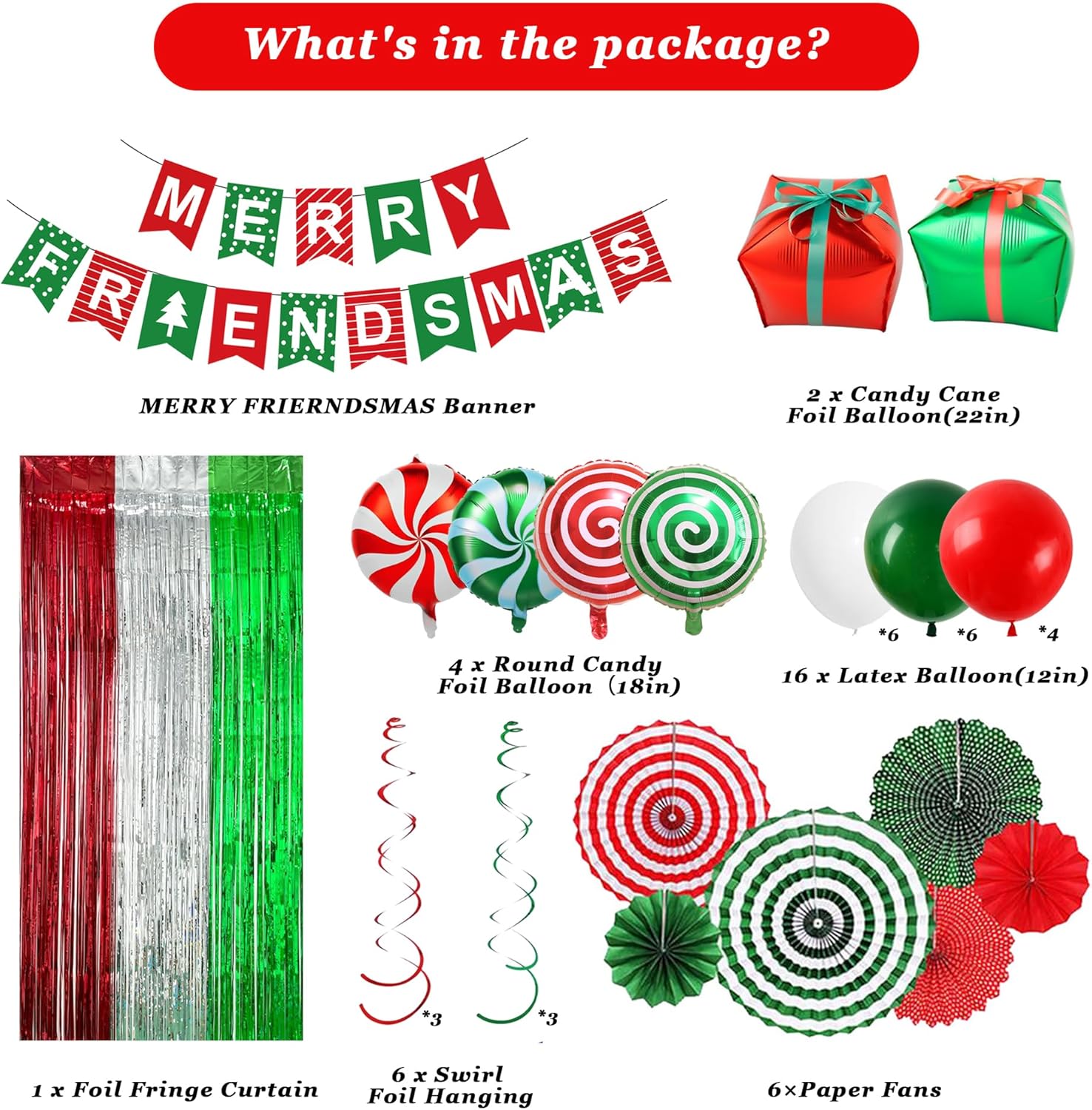Holkcog Red Green Merry Friendsmas Banner, Red Christmas Party Decorations for Friendsmas, Friends Christmas Dinner Party Garland Banner Ballons Paper Fan Candies Holiday Party Supply Fireplace Decor