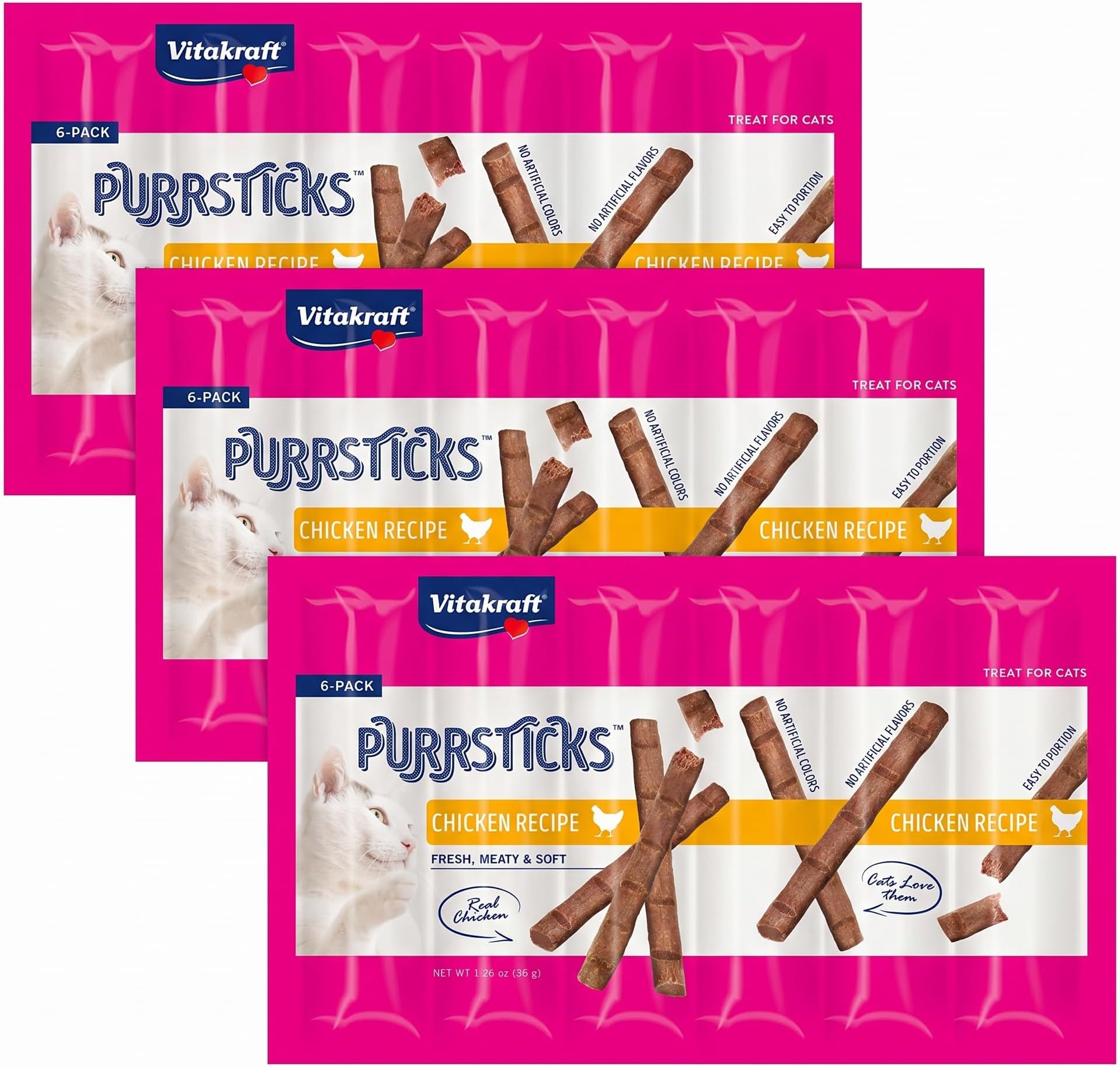 PurrSticks Cat Sticks, Chicken, 18 Sticks | Breakable Meatstick | Tender Texture | Pack of 3