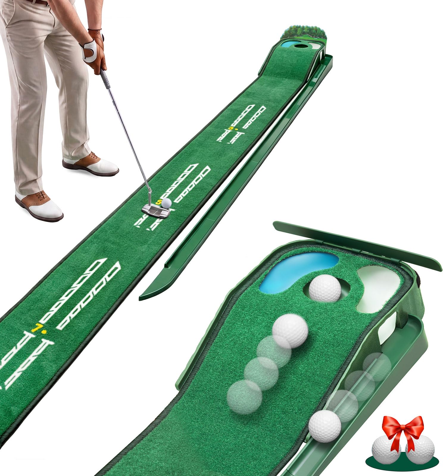 Putting Green Indoor - Alfombrilla de golf con velocidad verde realista, alfombrilla de putting de doble peligro, retorno de pelota, superficie de terciopelo, alfombrilla de práctica de 8 pies, ayuda
