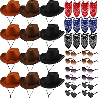 36 Pieces Adult Cowboy Hat with Bandanna Heart Sunglasses Unisex Felt Cowboy Hat Men Women Western Party Hat Cowboy Costume (Light Brown, Dark Brown, Black, Simple Style)