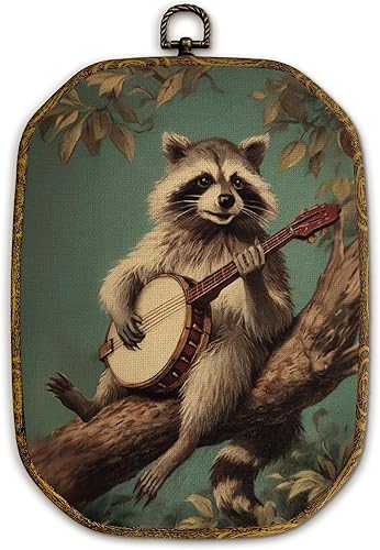 Yjeslw Decoración de pared octágono de mapache vintage, impresión de lienzo enmarcado con diseño de banjo de basura, rústico, retro, estilo rural,