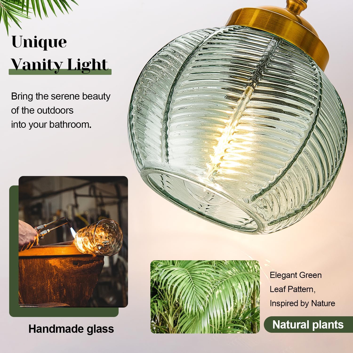 MOKATNG Bathroom Light Fixtures, 2-Light Green Vanity Lights with Unique Leaf Texture Glass Shade, Modern Matte Black and Gold Bathroom Wall Lamp for Mirror Hallway Cabinet Living Room image 3