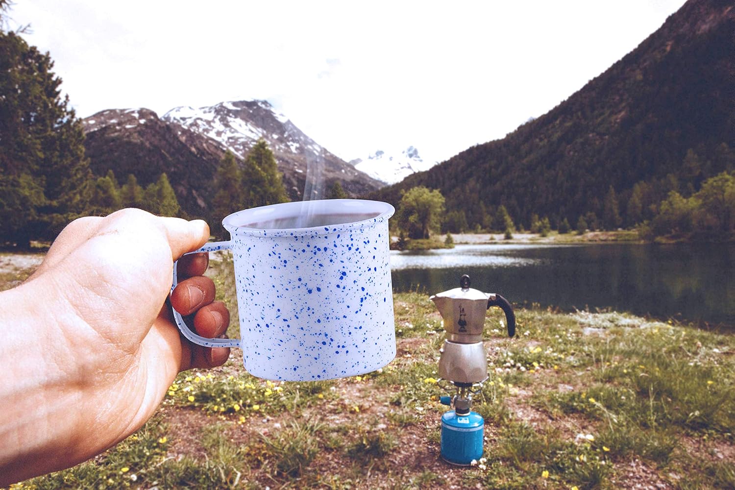 Large Light Weight Camping Coffee Mug - Tin Cup Enamel Coated - Holds 24 Oz (White Speckled Blue)