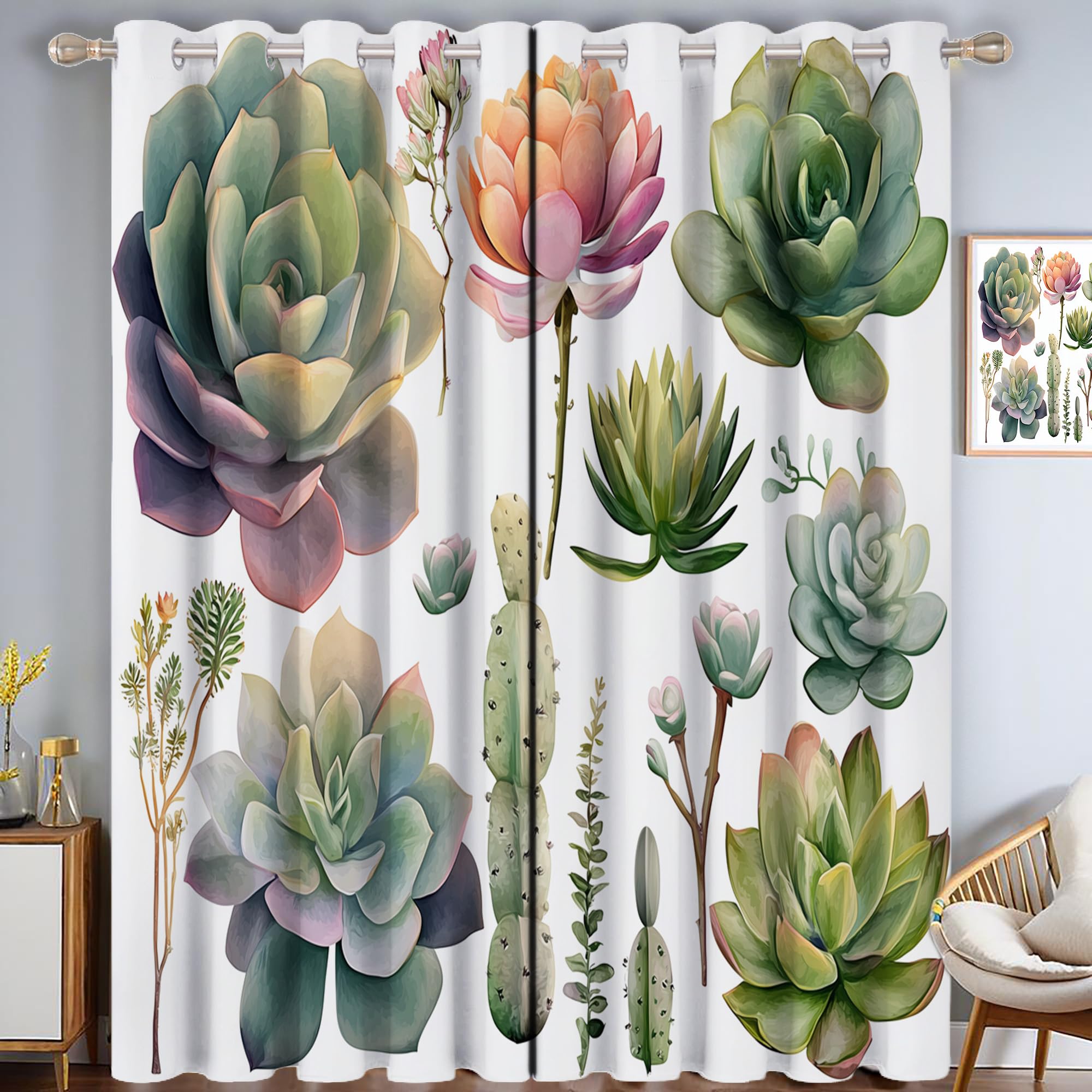 Rideaux aquarelle de succulentes occultants et thermiques pour chambre parents