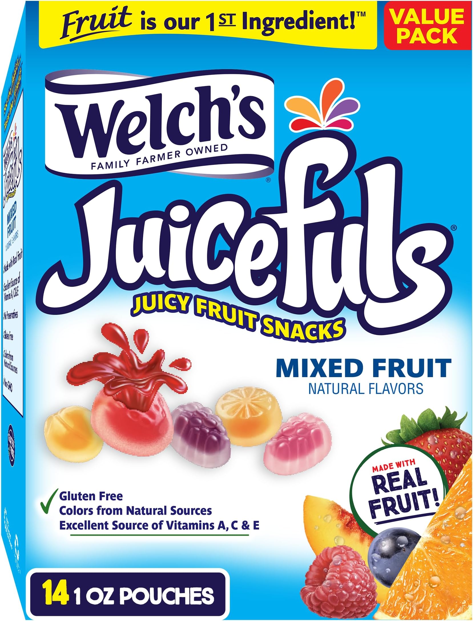 Juicefuls Juicy Fruit Snacks, Mixed Fruit, Fruit Gushers, Bulk Pack, Individual Single Serve Bags, 1 oz (Pack of 14)