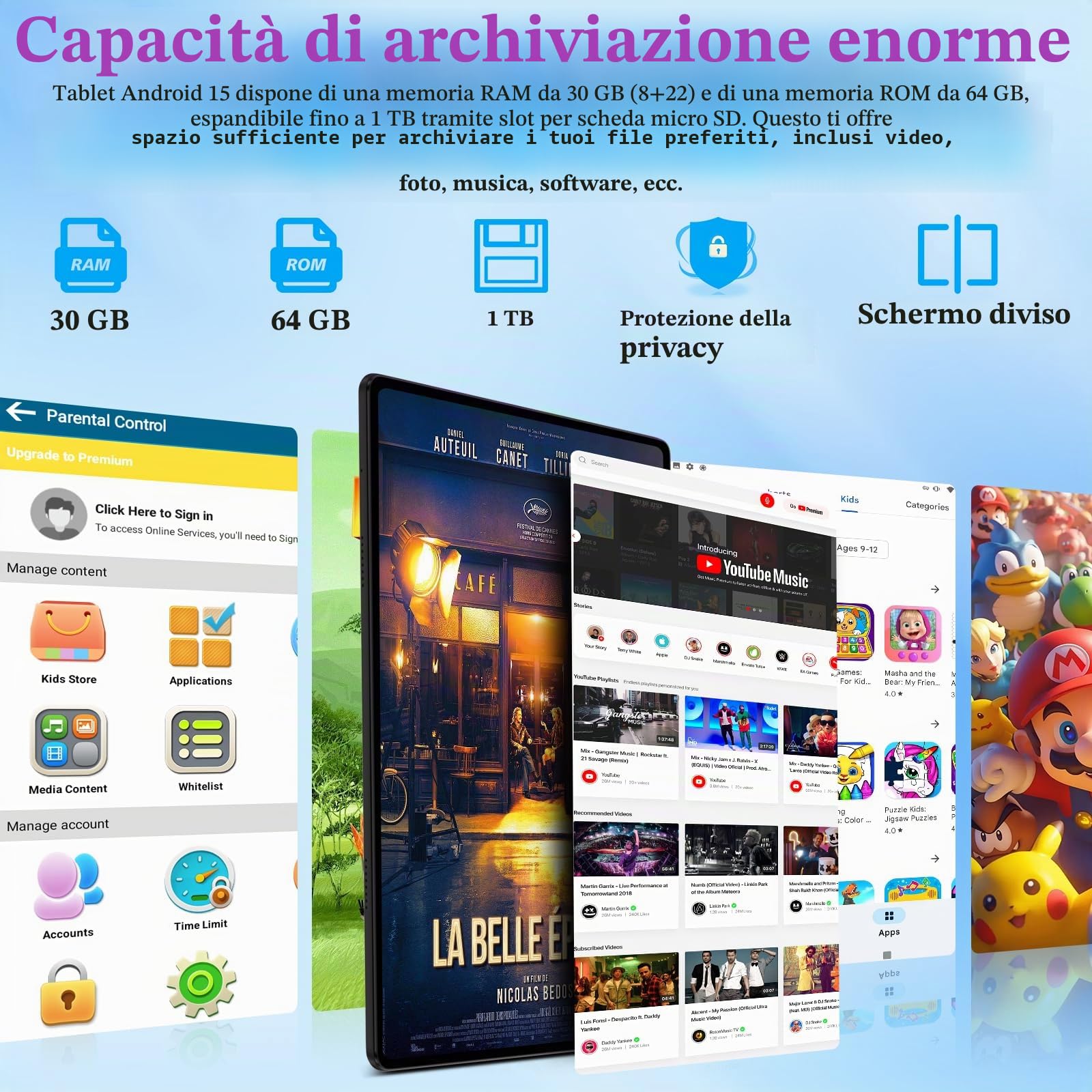ZIOVO Tablet Bambini 10 Pollici Tablets Android 15, 30GB RAM+64GB ROM(TF 2TB), 5G WiFi Tablets,Gemini AI/Octa-Core/Widevine L1/Face ID/Parentale Controllo/6000 mAh/BT 5.0, Tablet con Eva Caso-Verde