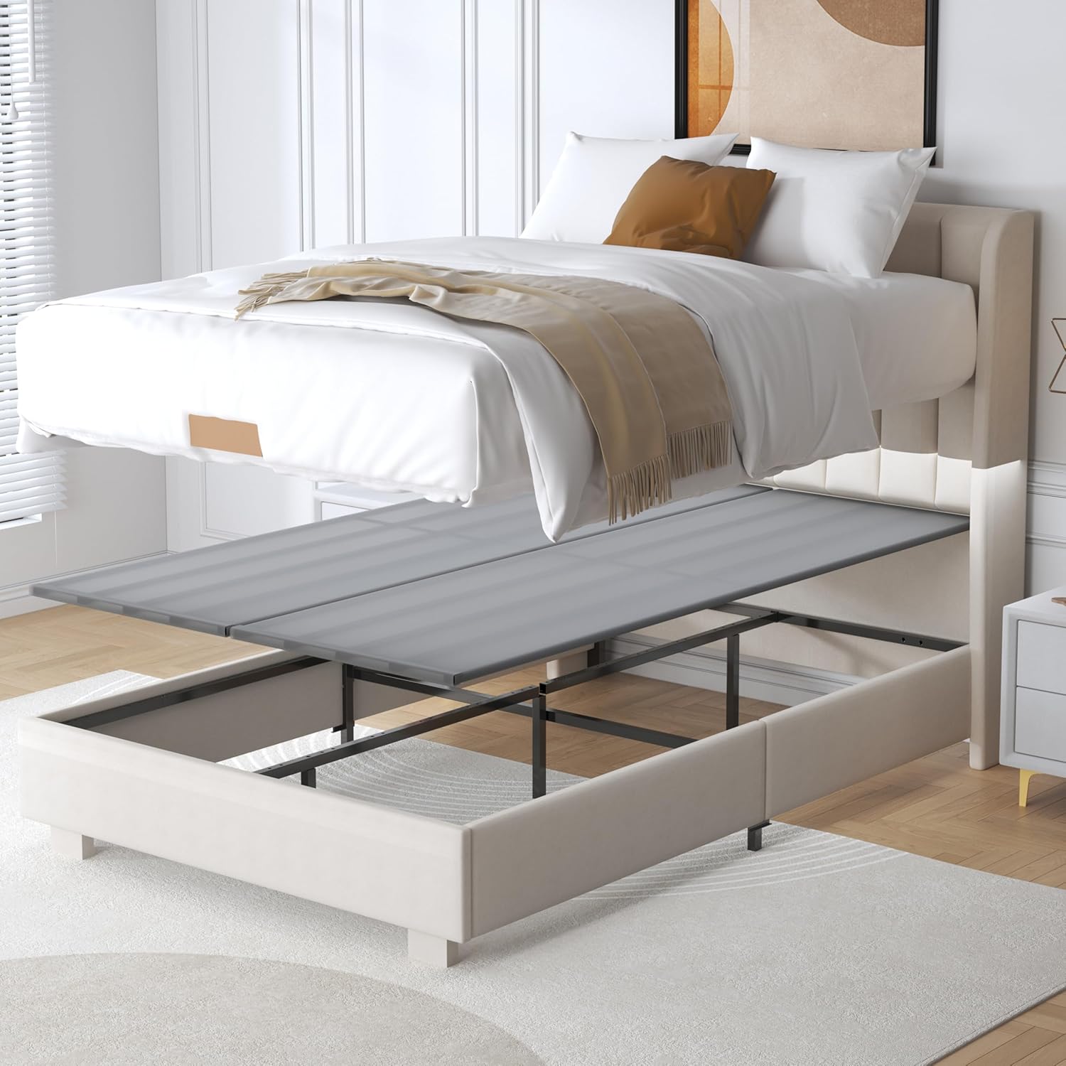 Metal Queen Bed Slats Bunkie Board for Under Mattress Support with Cover，Heavy Duty Replacement Bed Slats for Queen Size Bed Frame