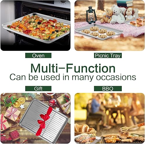 Miniatura 7 de CEKEE Juego de bandejas para hornear, media bandeja con estante de enfriamiento 2 sartenes para hornear + 2 estantes de alambre, hojas de galletas