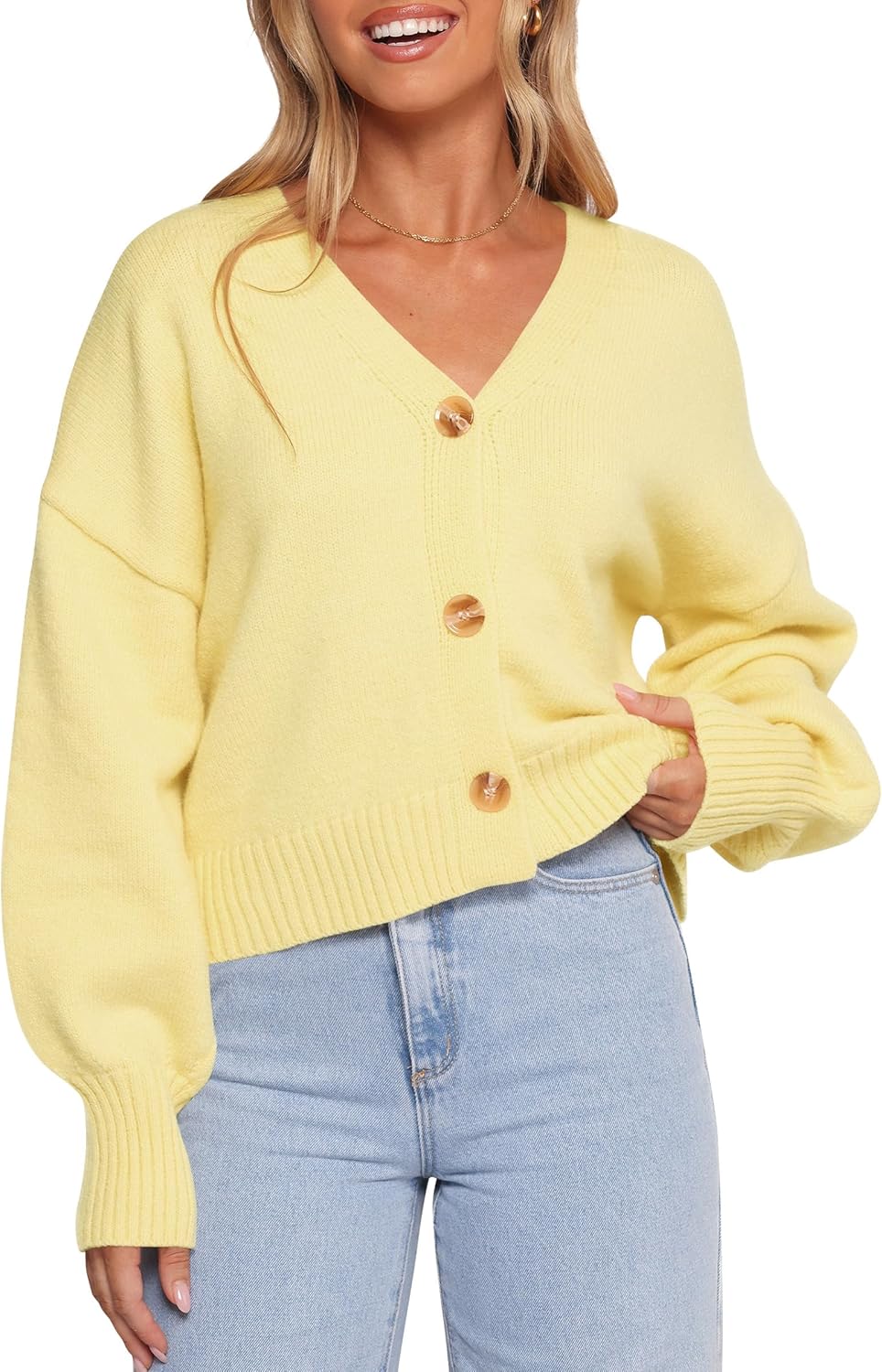 Balimtoy Womens V Neck Cropped Cardigan Lightweight Cute Puff Long Sleeve Button Up Relaxed Fit Fall Sweater Jacket