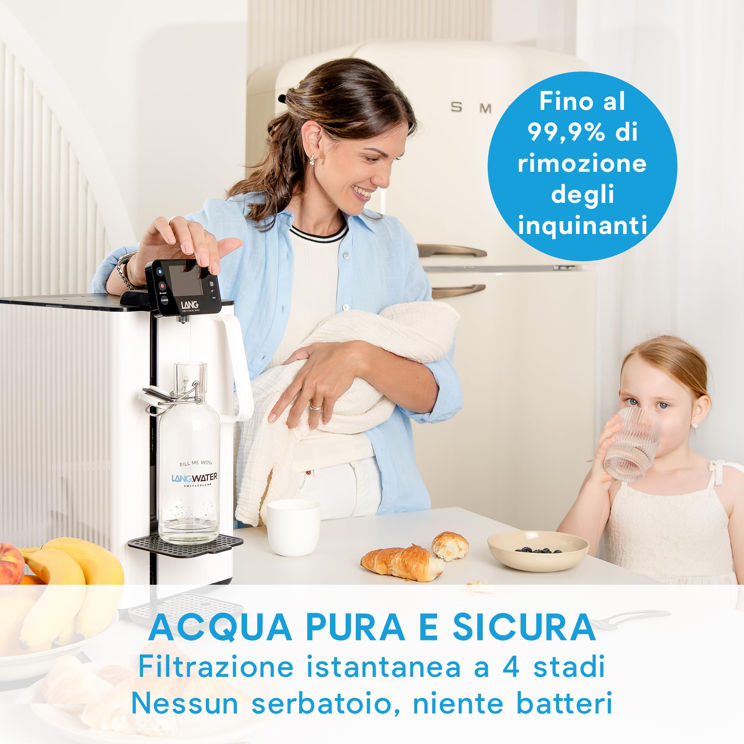 LANGWATER -Depuratore Acqua Domestico Portatile - Osmosi Inversa e Mineralizzazione - Senza Microplastiche - Senza Installazione - Erogatore di Acqua Calda - Con Filtri 2 packs Minerali, 1 Limone