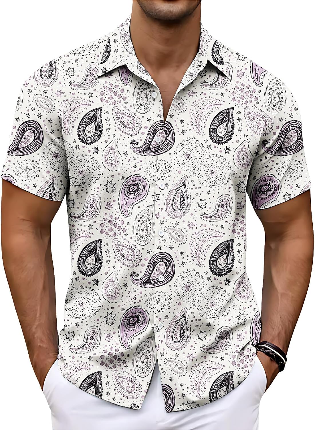 Men's Paisley Print Short Sleeve Button Down Shirt Lightweight Loose Fit Casual Summer Top for Beach Vacation