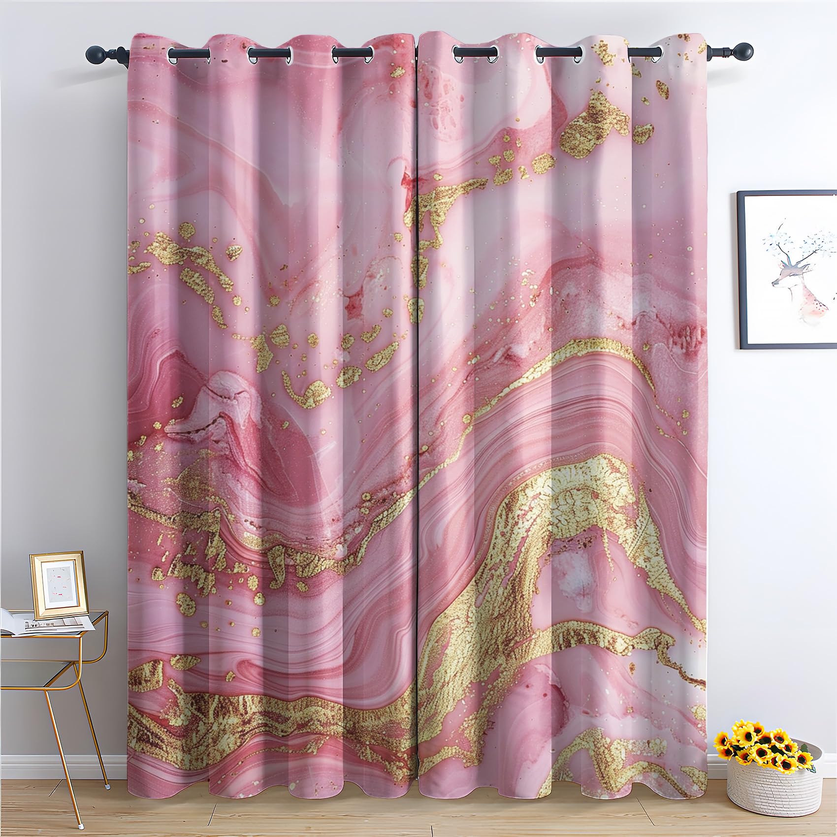 Zcwl Marble Curtains For Bedroom Living Room, Pink Gold Patterned Blackout Curtains, Thermal Insulated Eyelet Curtain, 72 Drop Window Treatments Drapes, 46X72 Inch (W X L), 2 Panels