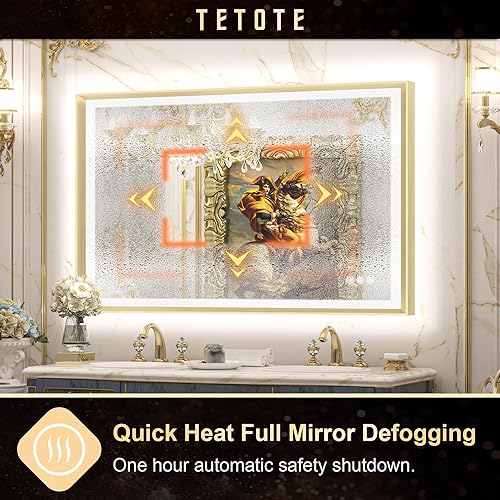 Miniatura 6 de TETOTE Espejo de baño LED con luces con marco de metal dorado de 40 x 24 pulgadas, espejo de tocador frontal y retroiluminado, barroco, antivaho sin